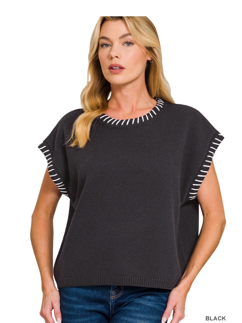 Zenana Outfitters Black Knit Crewneck Top with White Contrast Stitch